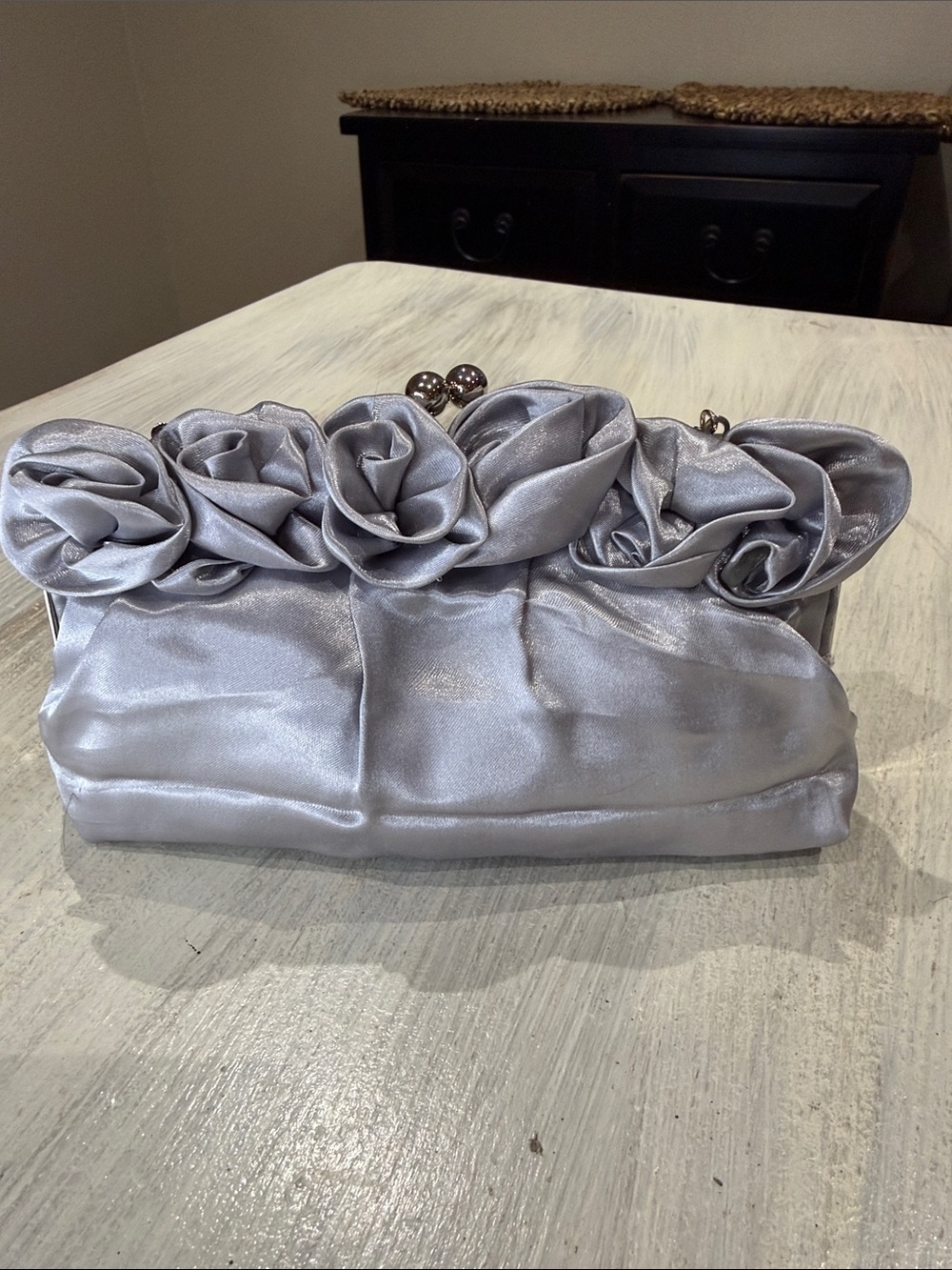 Source Unknown Silver Satin Rosette Clutch